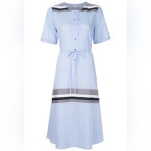 Suno Blue 100% Cotton Short Sleeve Lightweight Midi Dress Striped Hems Tie  4 XS